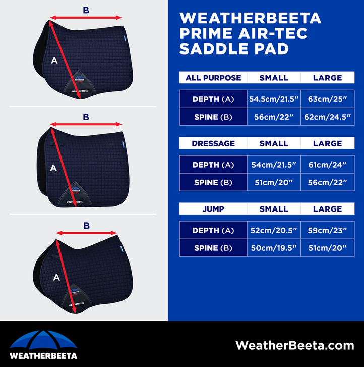 2025 Weatherbeeta Prime Air-Tec Saddle Pad  Size Chart